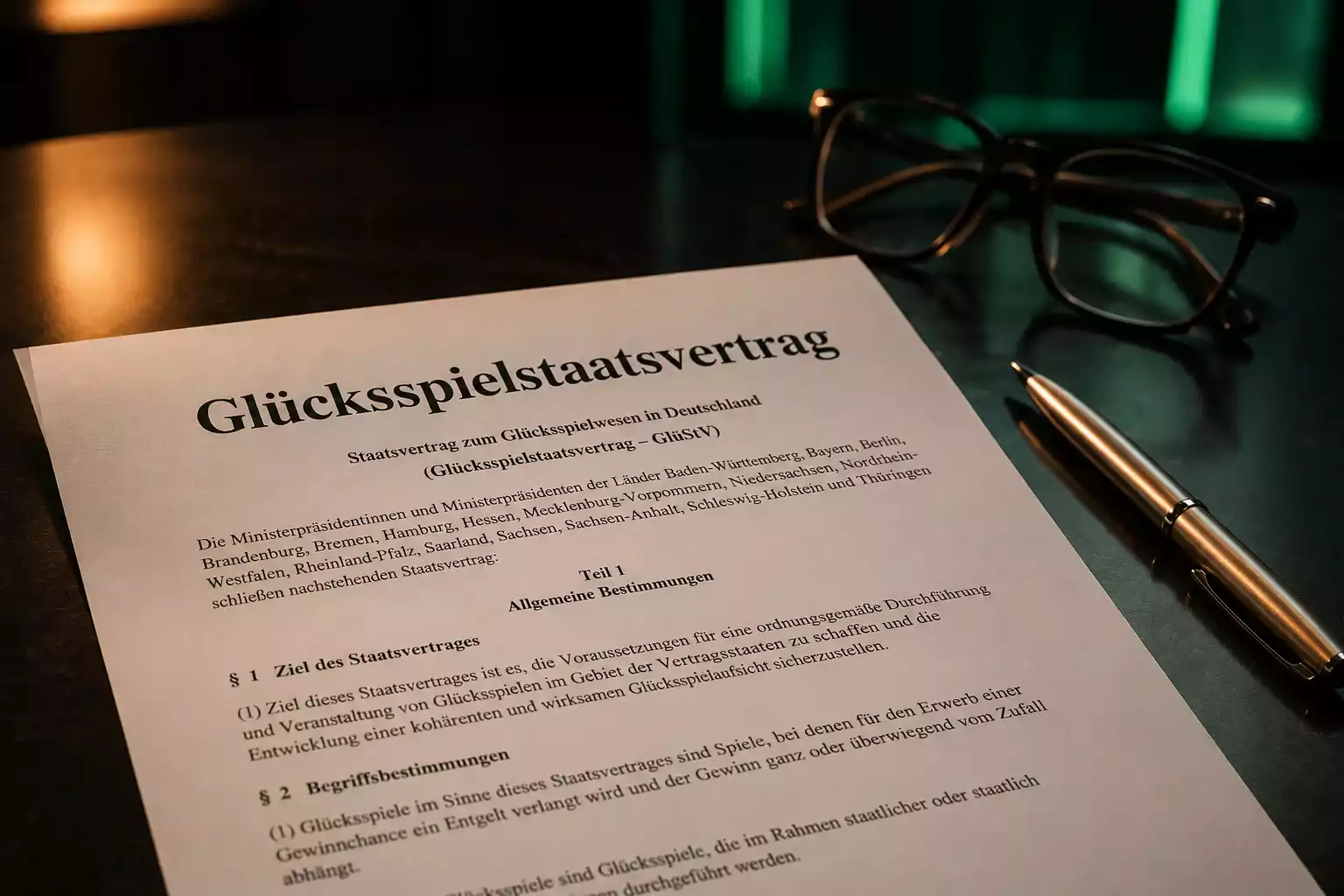 Dokument mit dem Titel Glücksspielstaatsvertrag neben einem Laptop mit Sportwetten-Seite