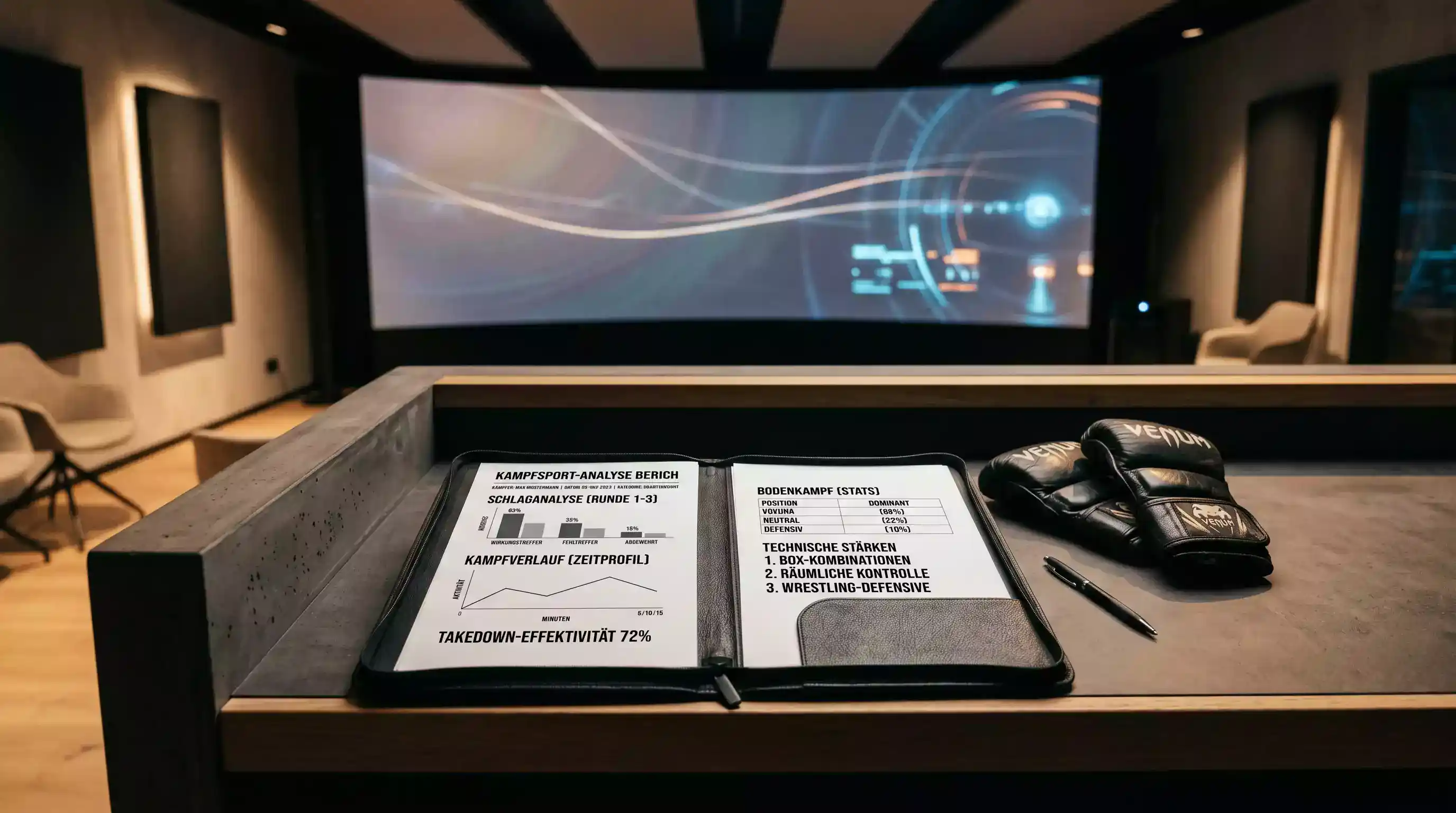 Person analysiert UFC-Kampfstatistiken auf einem Monitor mit Notizblock